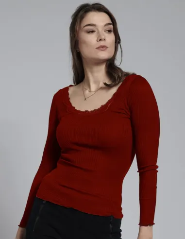 Rib Shirt met Kant Zijde Katoen Lange Mouw Kokon Zwo