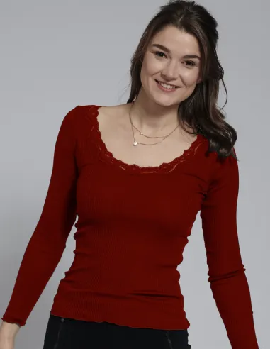 Rib Shirt met Kant Zijde Katoen Lange Mouw Kokon Zwo