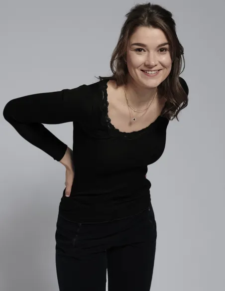 Rib Shirt met Kant Zijde Katoen Lange Mouw Kokon Zwo