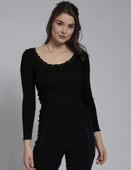 Rib Shirt met Kant Zijde Katoen Lange Mouw Kokon Zwo