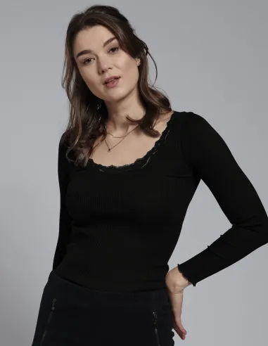 Rib Shirt met Kant Zijde Katoen Lange Mouw Kokon Zwo