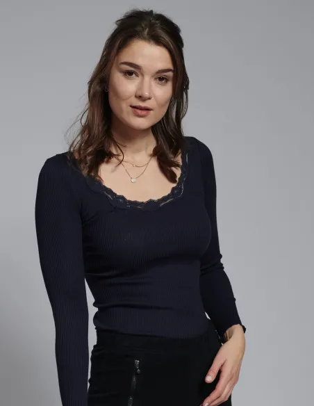 Rib Shirt met Kant Zijde Katoen Lange Mouw Kokon Zwo