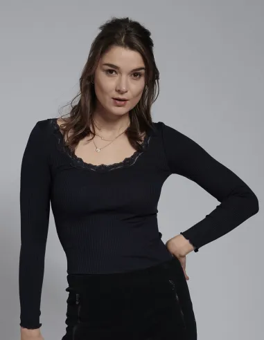 Rib Shirt met Kant Zijde Katoen Lange Mouw Kokon Zwo