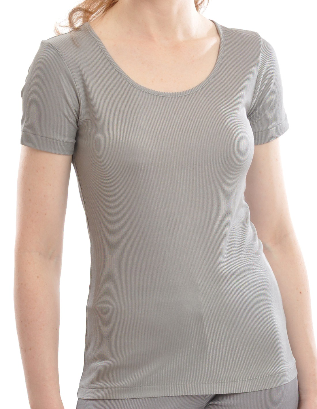Image of Zijden Dames Rib T-Shirt met Ronde Hals Alkena, Kleur Antraciet, Maat Medium