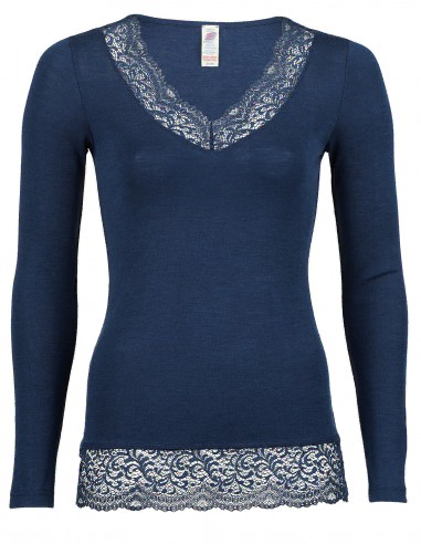 Dames Shirt Navy met Kant Zijde Wol...