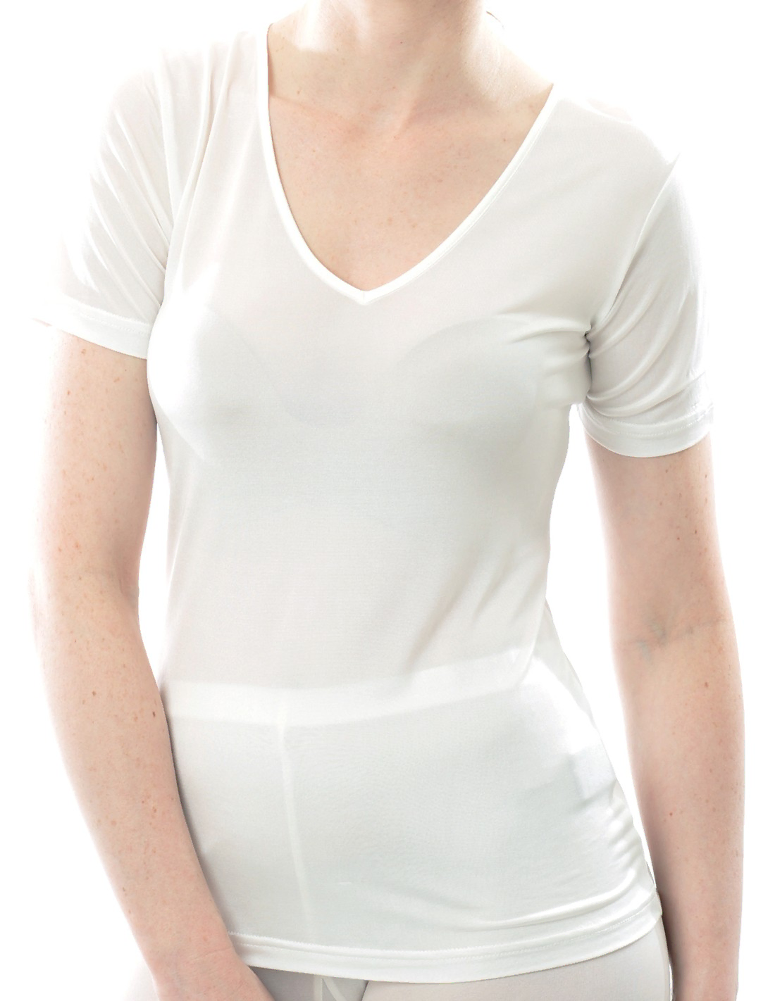 Image of Zijden Dames T-Shirt met V-Hals Alkena, Kleur Gebroken wit, Maat Extra Extra Large