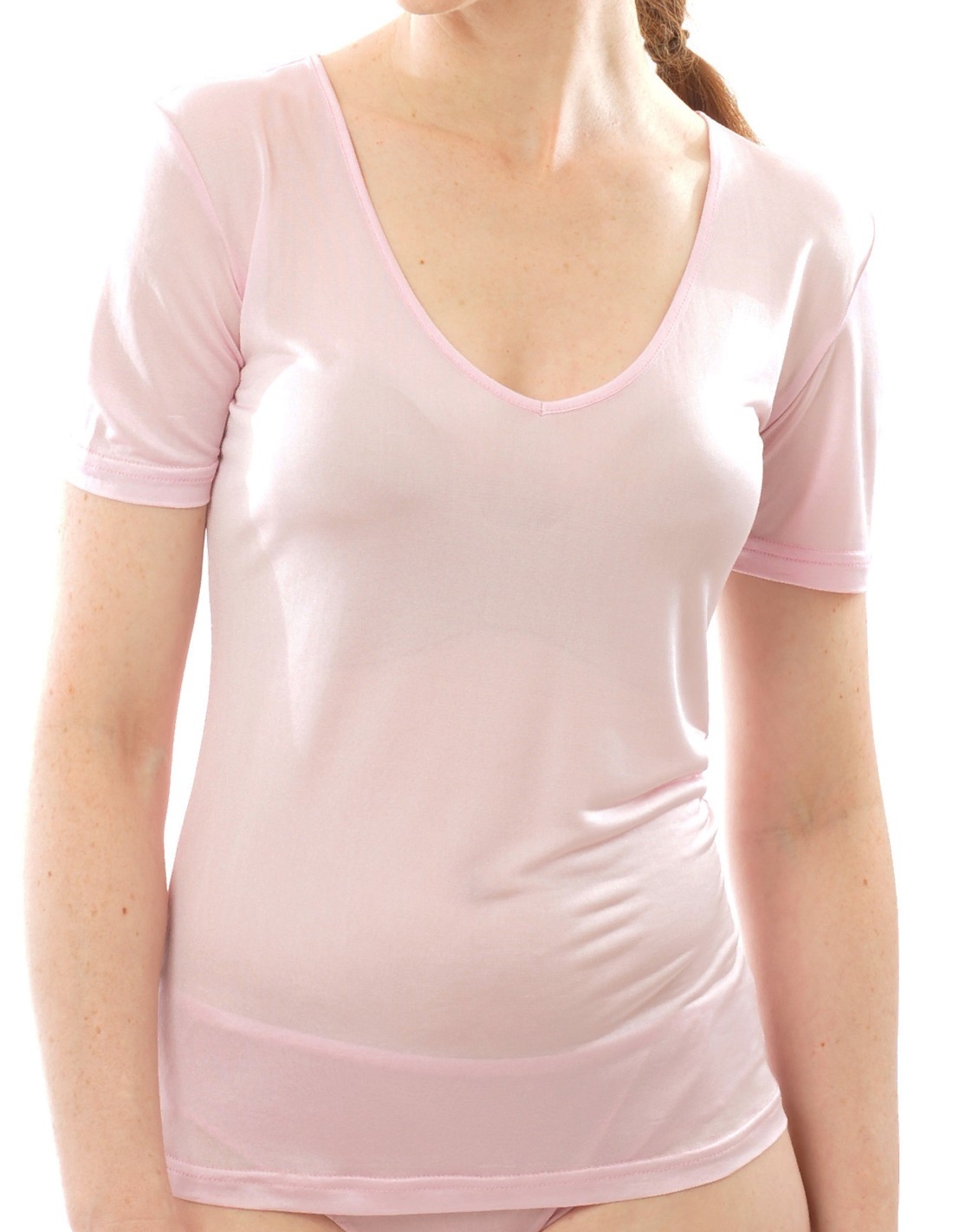 Zijden Dames T-Shirt met V-Hals Alkena, Kleur Zacht rose, Maat Large