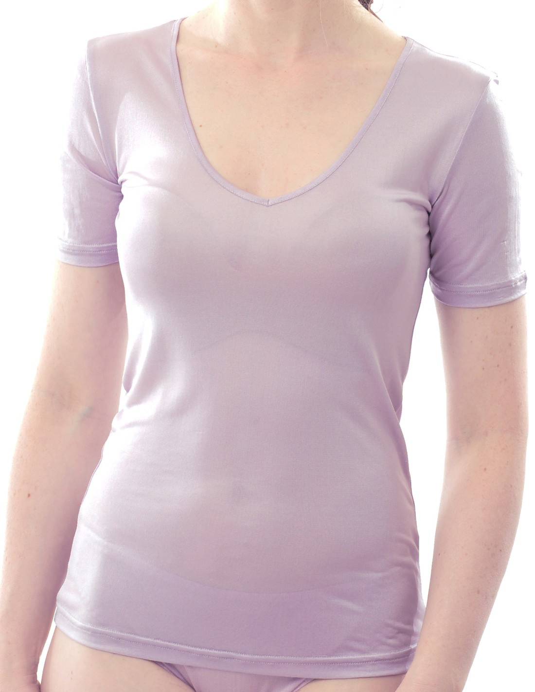 Image of Zijden Dames T-Shirt met V-Hals Alkena, Kleur Lilac, Maat Extra Extra Large