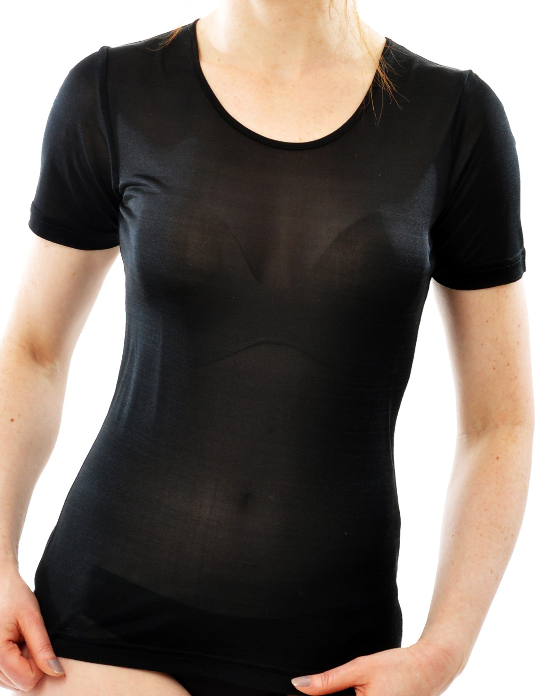 Image of Zijden Dames T-Shirt met Ronde Hals Alkena, Kleur Zwart, Maat Medium