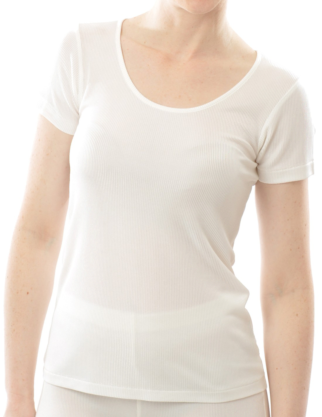 Image of Zijden Dames Rib T-Shirt met Ronde Hals Alkena, Kleur Gebroken wit, Maat Extra Large